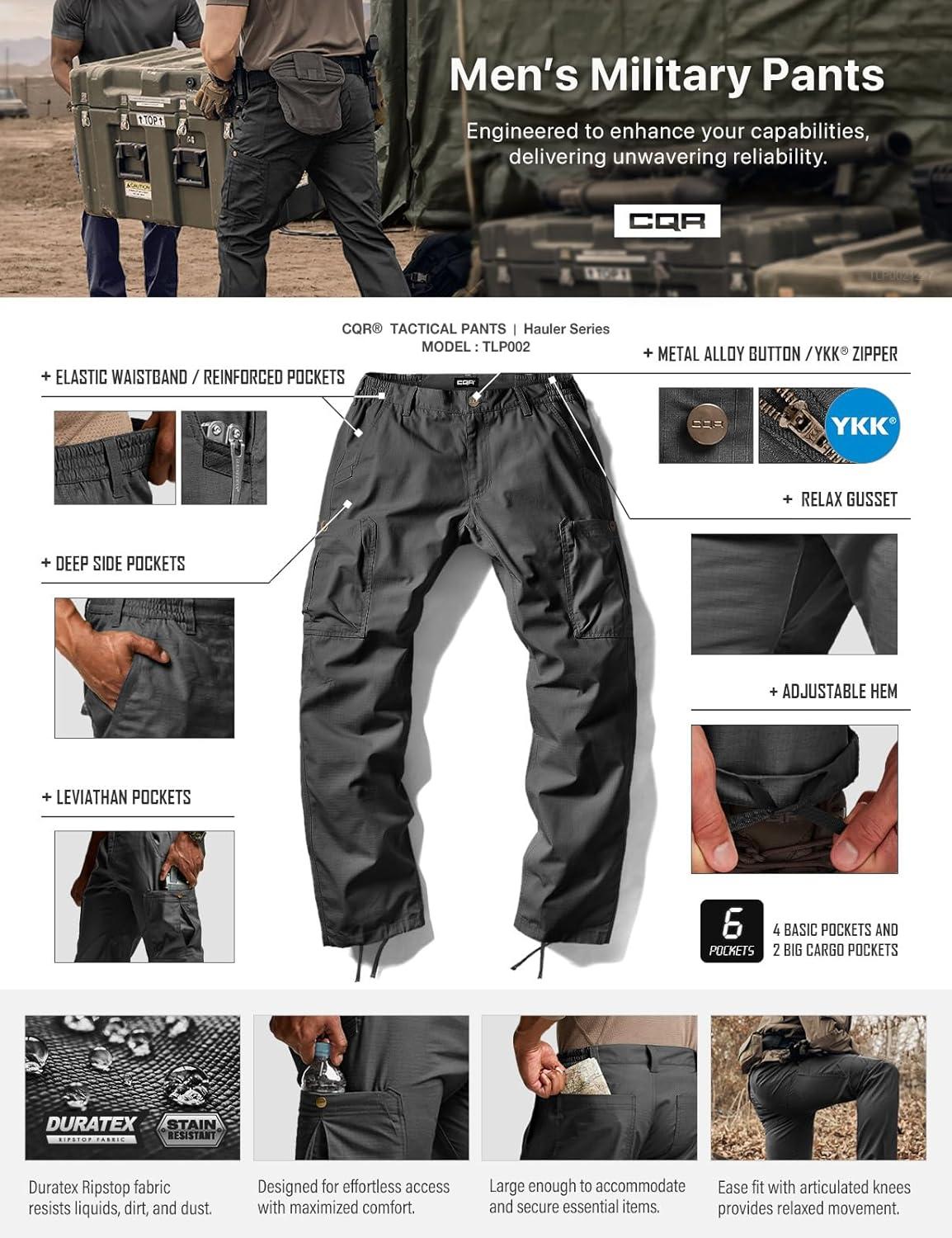 image:imageCQR Mens Military Cargo Pants Water Resistant Ripstop Army Combat Tactical Pants Outdoor Hunting Hiking EDC Work PantsHauler Black