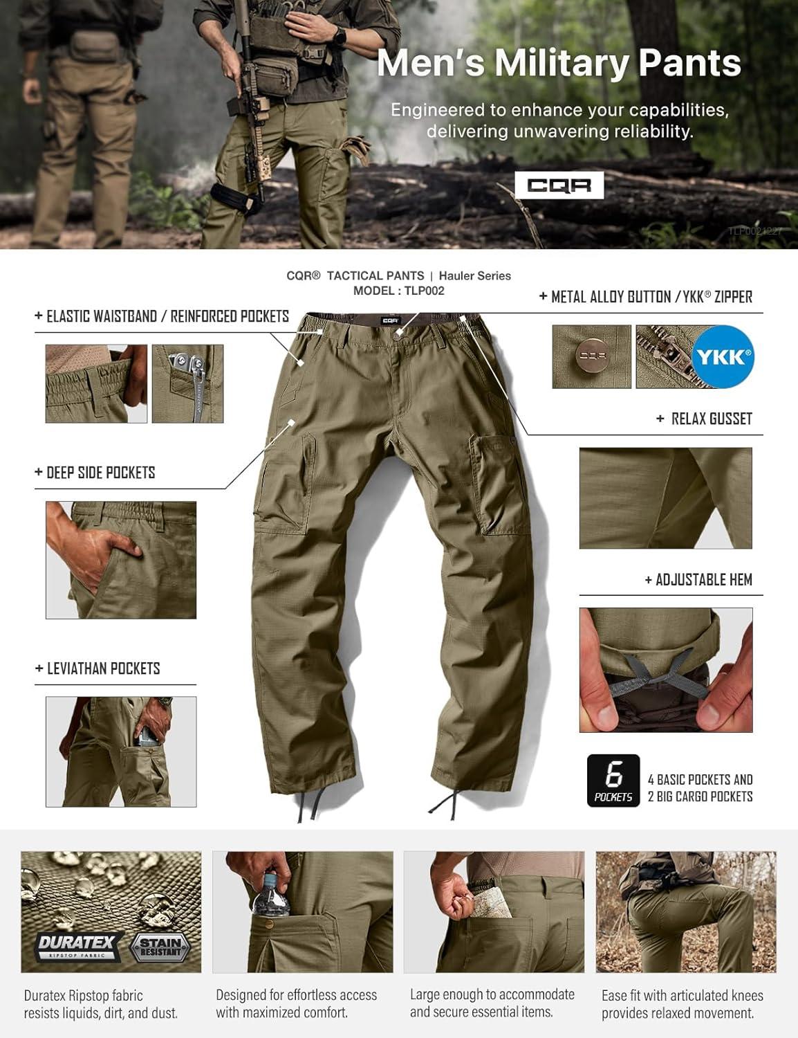 image:imageCQR Mens Military Cargo Pants Water Resistant Ripstop Army Combat Tactical Pants Outdoor Hunting Hiking EDC Work PantsHauler Soil Green