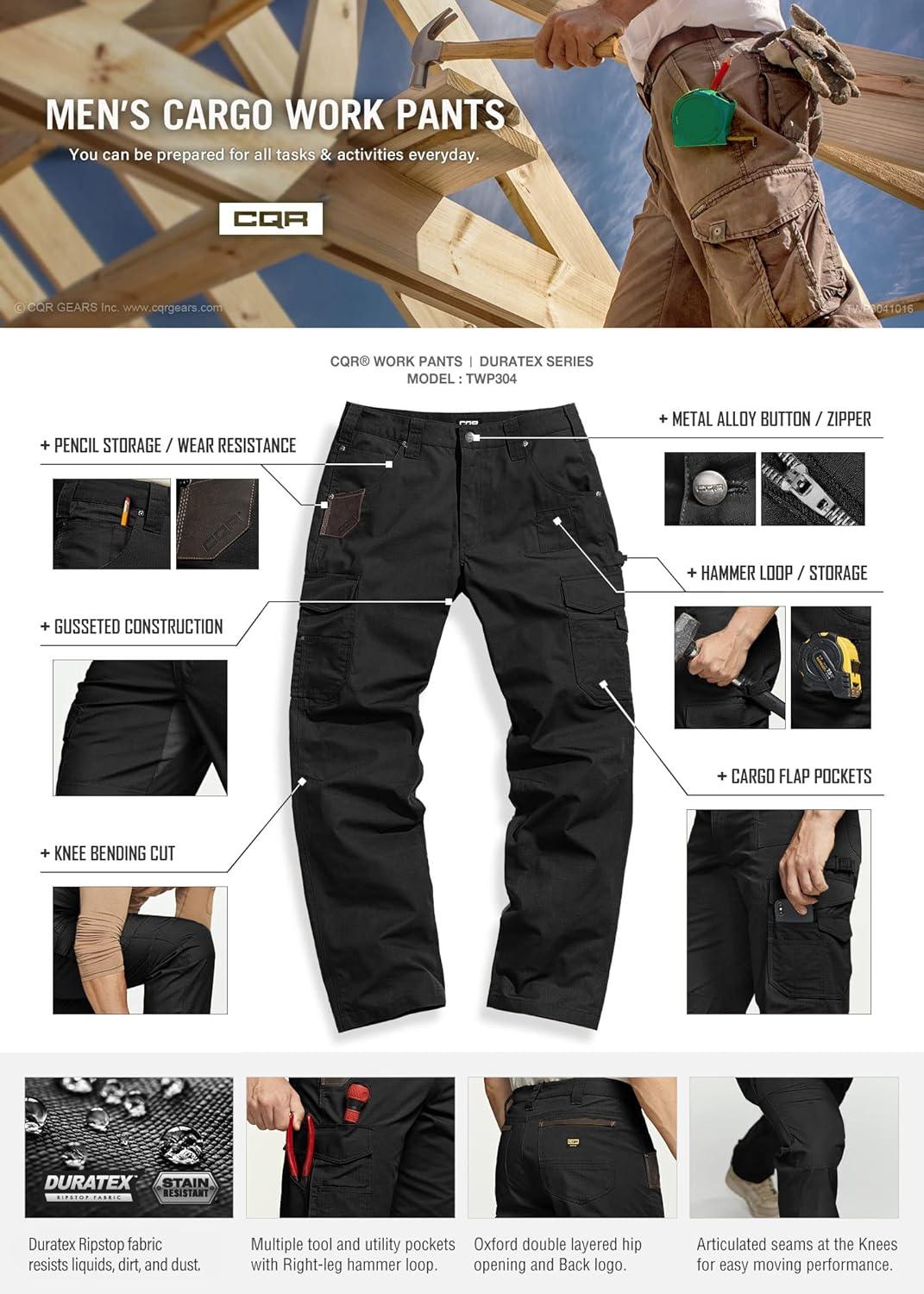 image:imageCQR Mens Quick Dry Work Pants Water Resistant Outdoor Tactical Pants Lightweight Stretch Cargo Hiking PantsWork Cargo Black