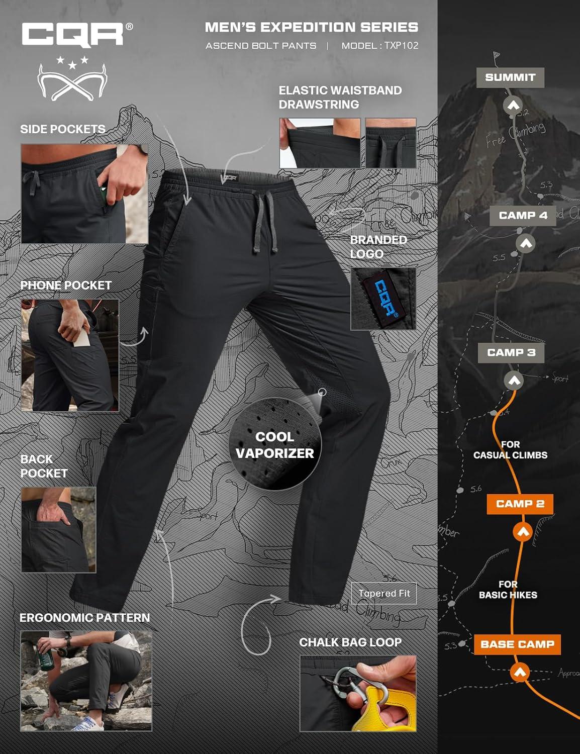 image:imageCQR Mens Lightweight Vent Hiking Pants WaterResistant amp Breathable Sports Outdoor Athletic Pants with Elastic WaistAscend Bolt Black