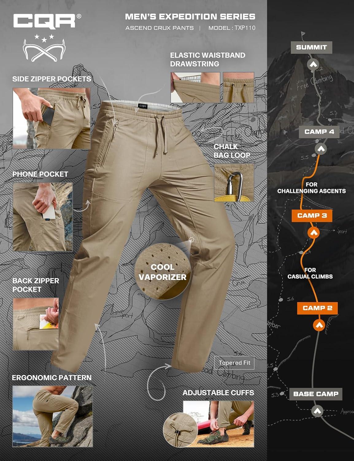 image:imageCQR Mens Lightweight Vent Hiking Pants WaterResistant amp Breathable Sports Outdoor Athletic Pants with Elastic WaistAscend Crux Alamo Khaki