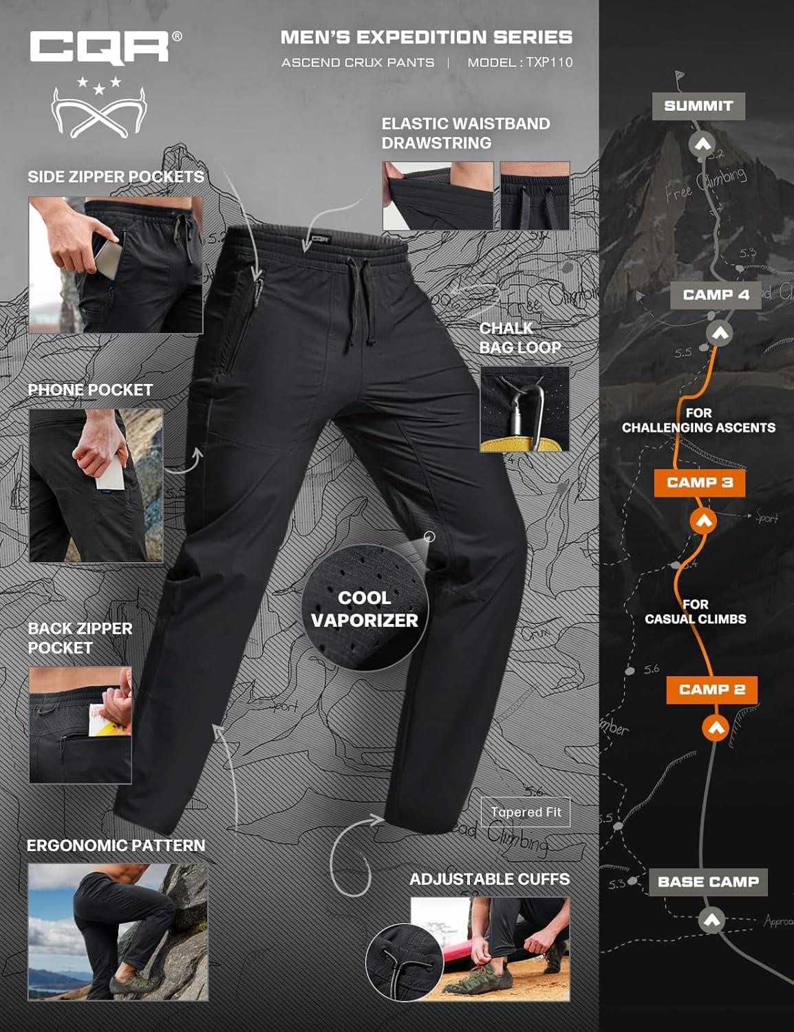 image:imageCQR Mens Lightweight Vent Hiking Pants WaterResistant amp Breathable Sports Outdoor Athletic Pants with Elastic WaistAscend Crux Black