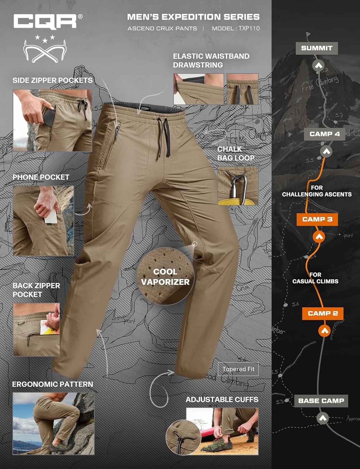 image:imageCQR Mens Lightweight Vent Hiking Pants WaterResistant amp Breathable Sports Outdoor Athletic Pants with Elastic WaistAscend Crux Cougar