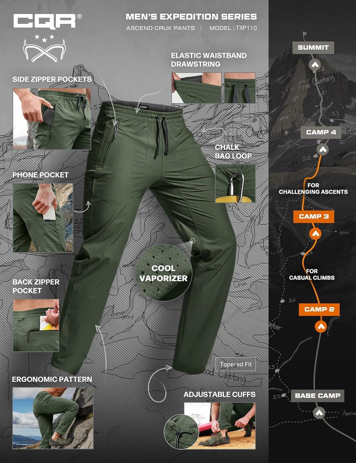 image:imageCQR Mens Lightweight Vent Hiking Pants WaterResistant amp Breathable Sports Outdoor Athletic Pants with Elastic WaistAscend Crux Lichen