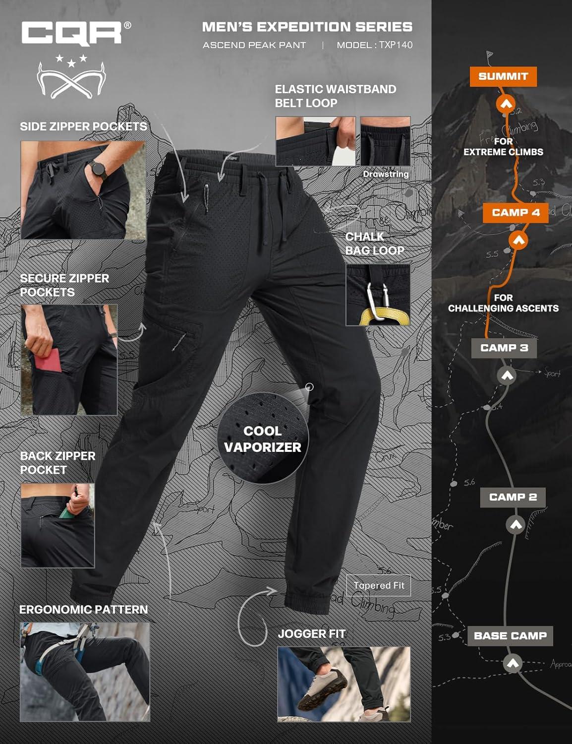 image:imageCQR Mens Lightweight Vent Hiking Pants WaterResistant amp Breathable Sports Outdoor Athletic Pants with Elastic WaistAscend Peak Black