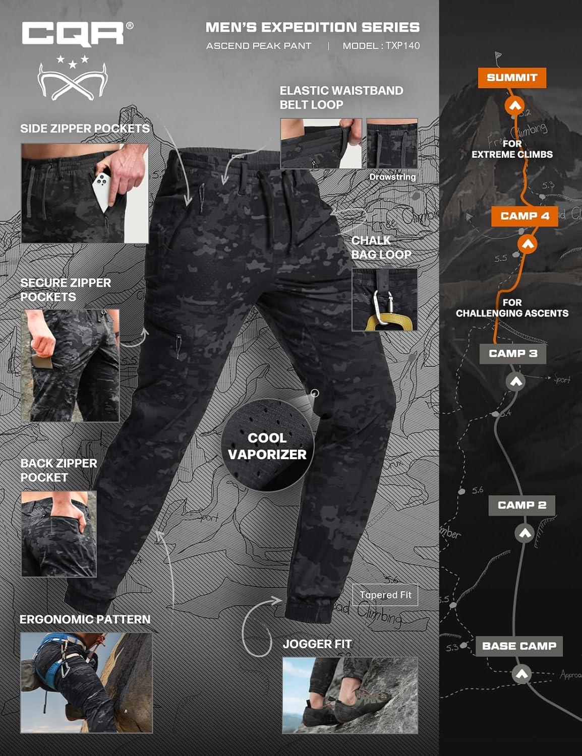 image:imageCQR Mens Lightweight Vent Hiking Pants WaterResistant amp Breathable Sports Outdoor Athletic Pants with Elastic WaistAscend Peak Utility Camo Black