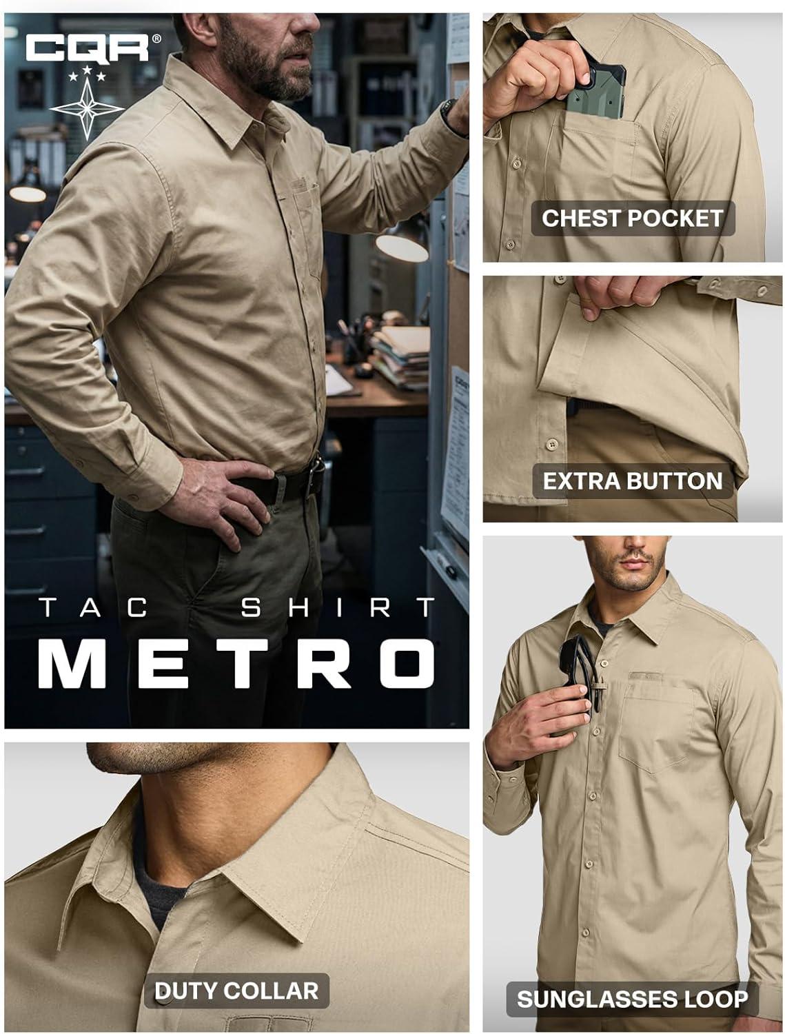 image:imageCQR Mens Long Sleeve Tactical Shirts Ripstop Military Work Shirts UPF 50 Breathable Button Down Outdoor Hiking ShirtMetro Khaki