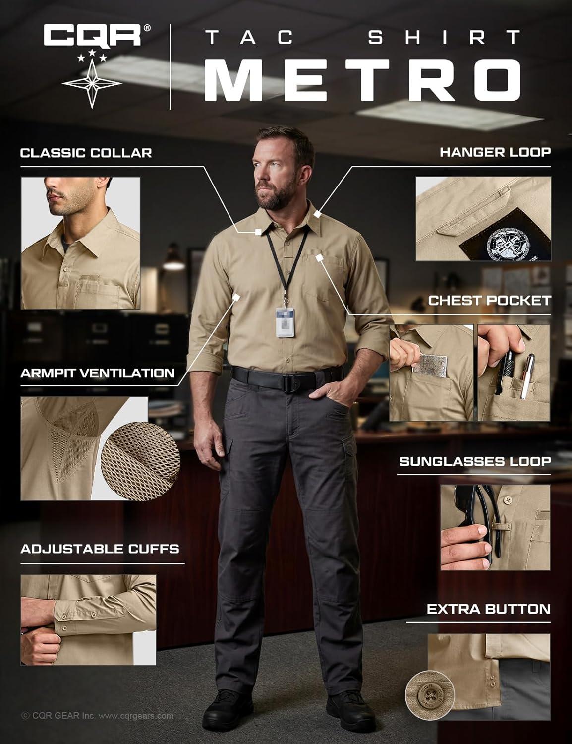 image:imageCQR Mens Long Sleeve Tactical Shirts Ripstop Military Work Shirts UPF 50 Breathable Button Down Outdoor Hiking ShirtMetro Khaki