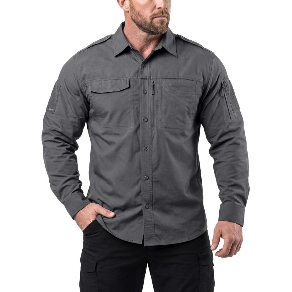 image:imageCQR Mens Long Sleeve Tactical Shirts Ripstop Military Work Shirts UPF 50 Breathable Button Down Outdoor Hiking ShirtJourneyman Charcoal