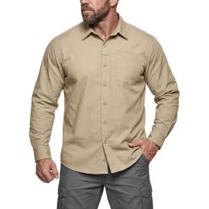 CQR Men’s Long Sleeve Tactical Shirts, Ripstop Military Work Shirts, UPF 50+ Breathable Button Down Outdoor Hiking Shirt(Metro Khaki)