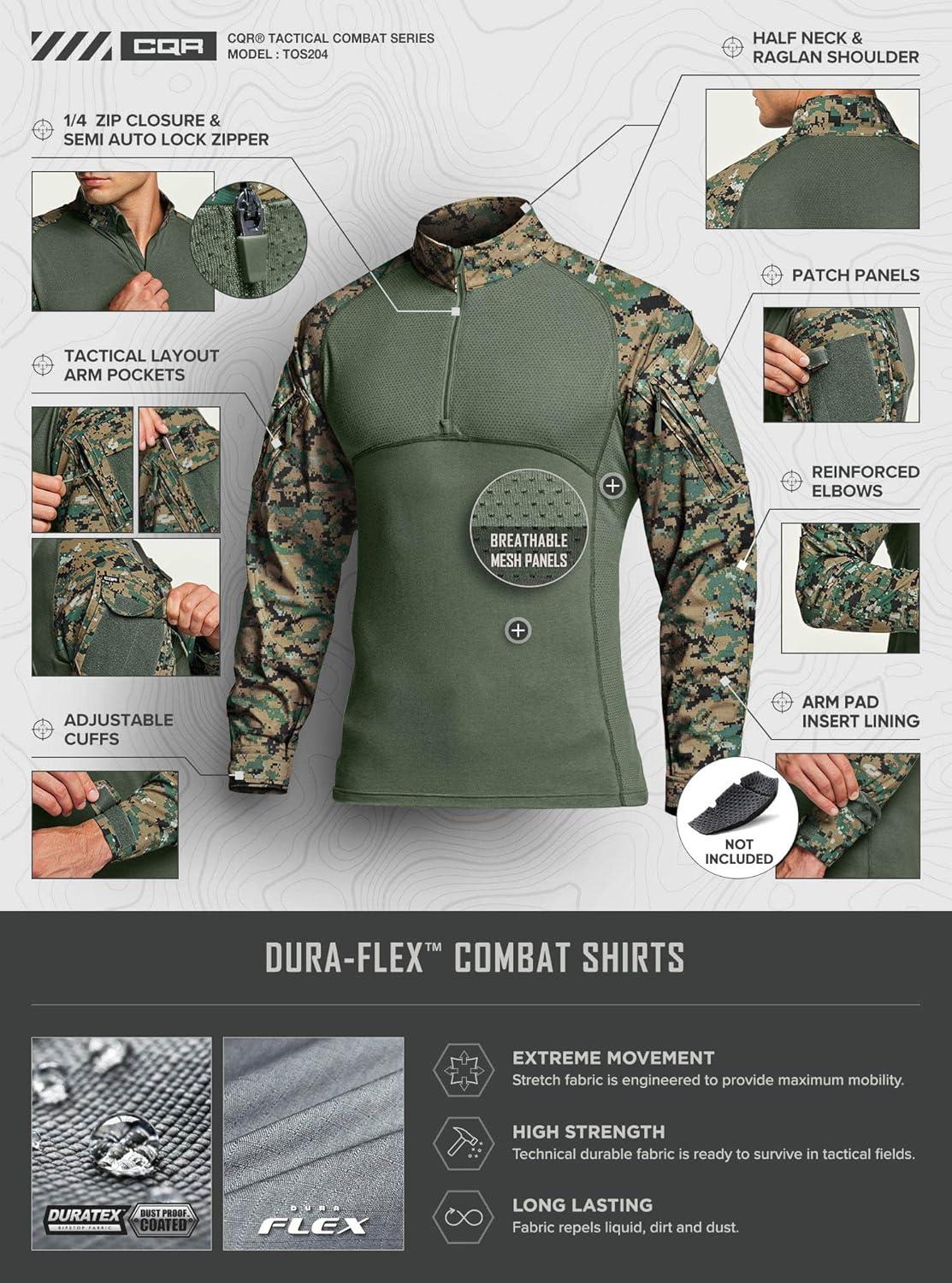 image:imageCQR Mens Combat Shirt Tactical 14 Zip Long Sleeve Military BDU Shirts Camo EDC Top with PocketsMilitary Print Shirts Marpat