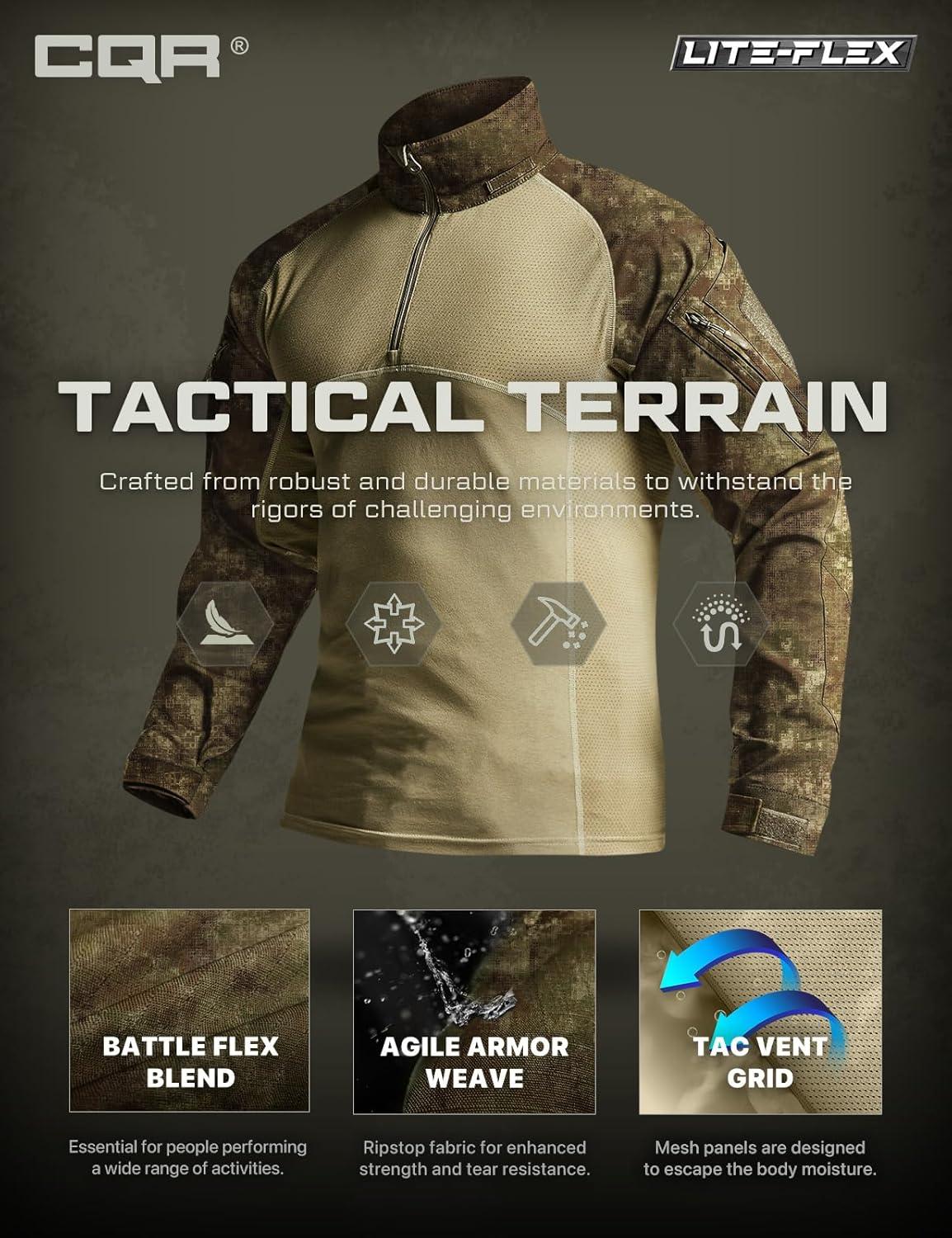 image:imageCQR Mens Combat Shirt Tactical 14 Zip Long Sleeve Military BDU Shirts Camo EDC Top with PocketsRaider Fractal Camo
