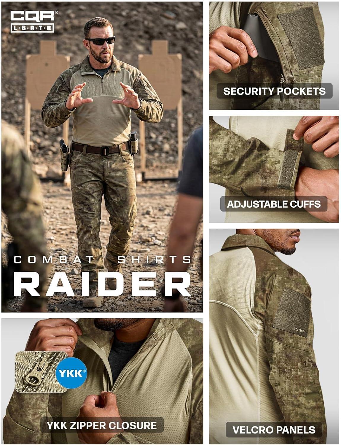 image:imageCQR Mens Combat Shirt Tactical 14 Zip Long Sleeve Military BDU Shirts Camo EDC Top with PocketsRaider Fractal Camo