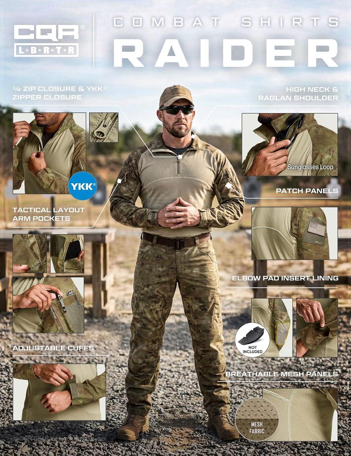image:imageCQR Mens Combat Shirt Tactical 14 Zip Long Sleeve Military BDU Shirts Camo EDC Top with PocketsRaider Fractal Camo