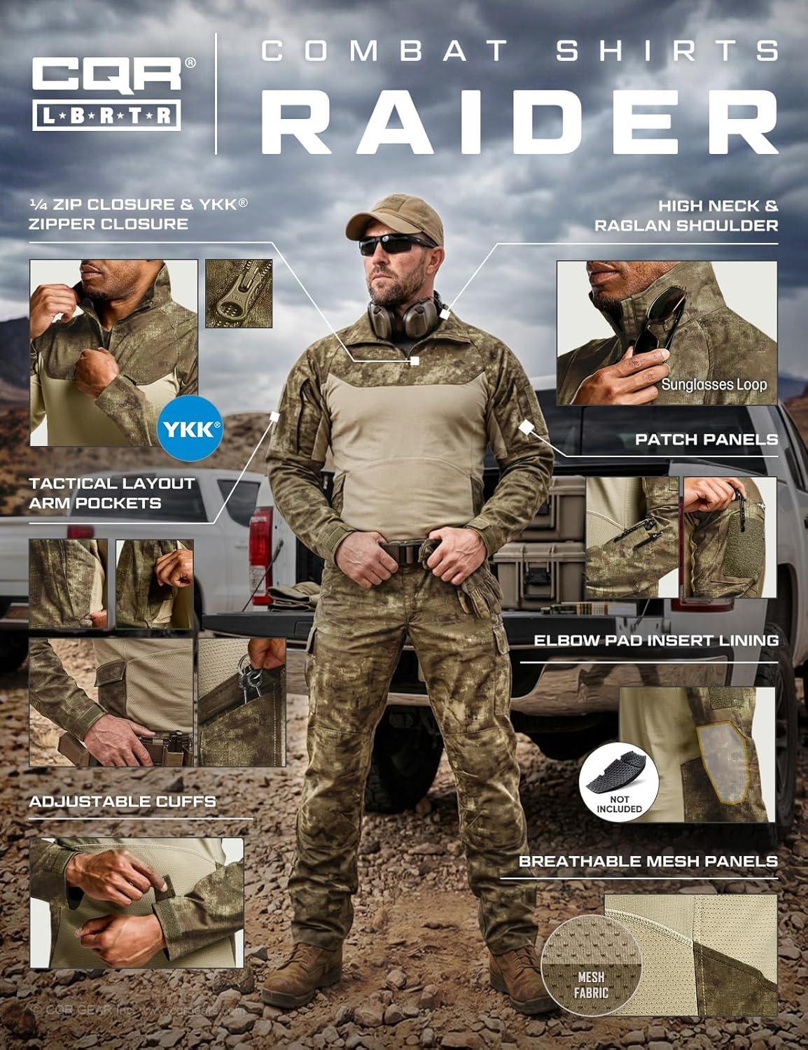 image:imageCQR Mens Combat Shirt Tactical 14 Zip Long Sleeve Military BDU Shirts Camo EDC Top with PocketsRaider Pro Fractal Camo