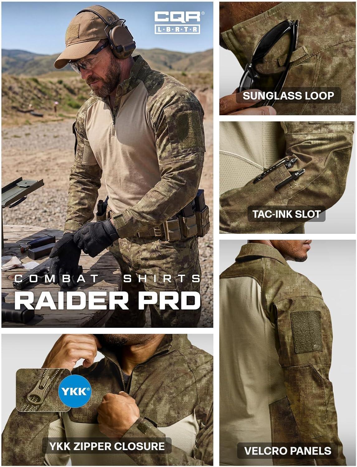 image:imageCQR Mens Combat Shirt Tactical 14 Zip Long Sleeve Military BDU Shirts Camo EDC Top with PocketsRaider Pro Fractal Camo
