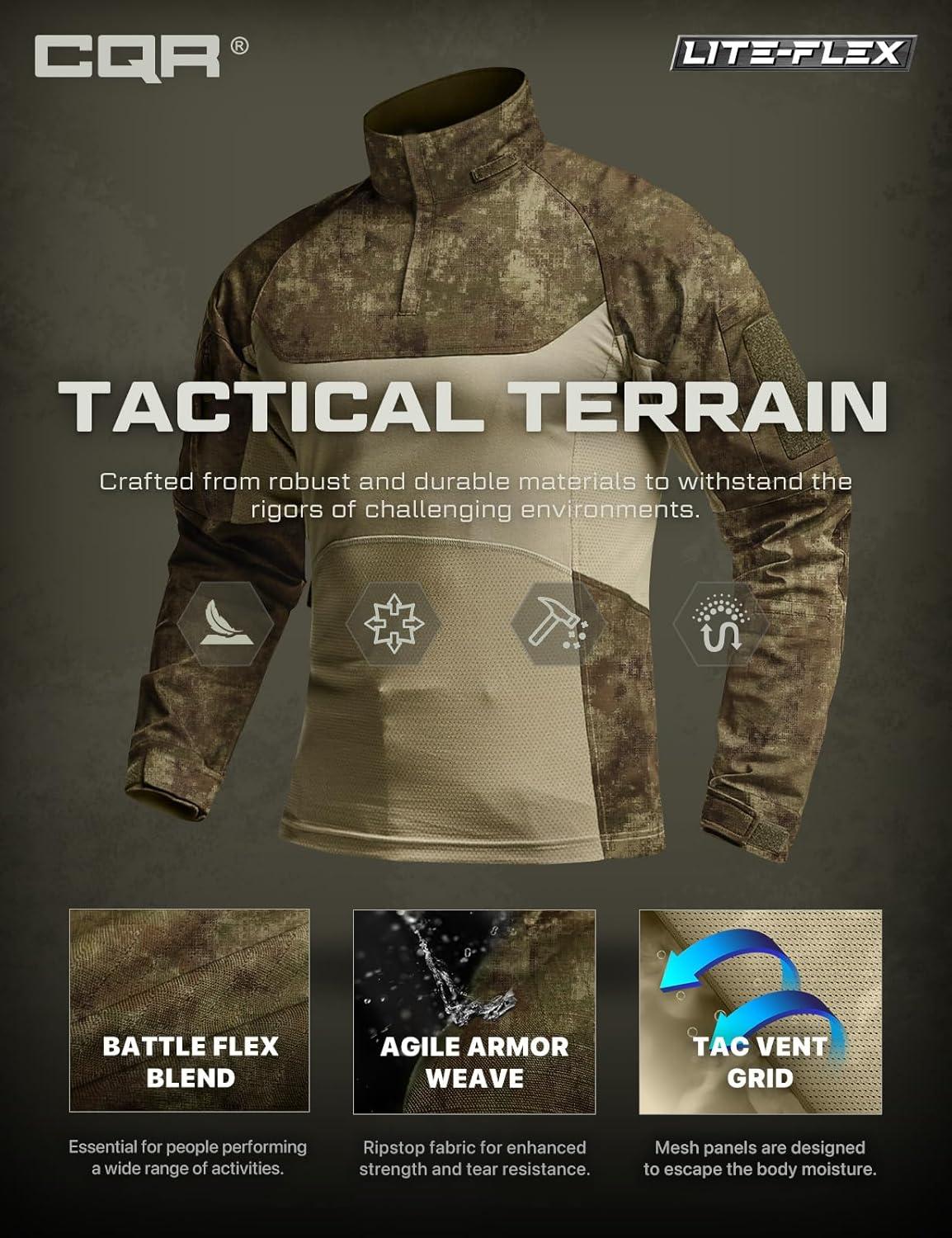 image:imageCQR Mens Combat Shirt Tactical 14 Zip Long Sleeve Military BDU Shirts Camo EDC Top with PocketsRaider Pro Fractal Camo
