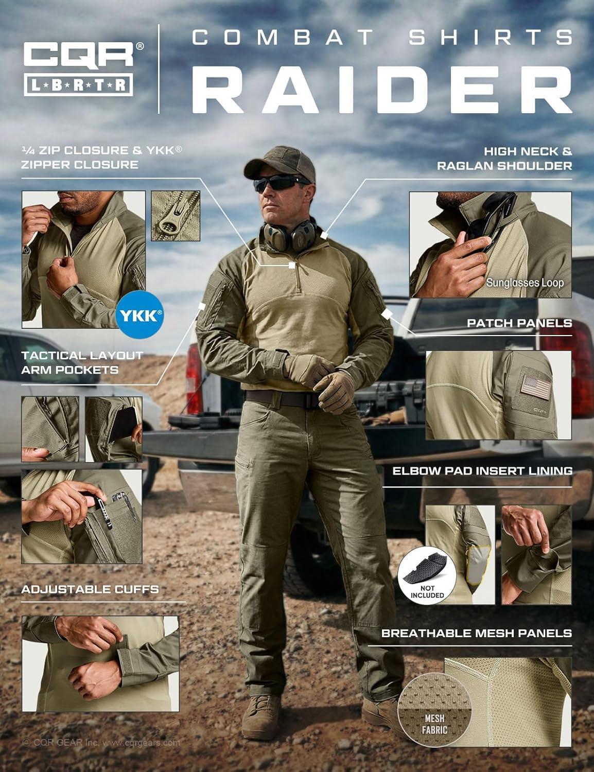 image:imageCQR Mens Combat Shirt Tactical 14 Zip Long Sleeve Military BDU Shirts Camo EDC Top with PocketsRaider Soil Green