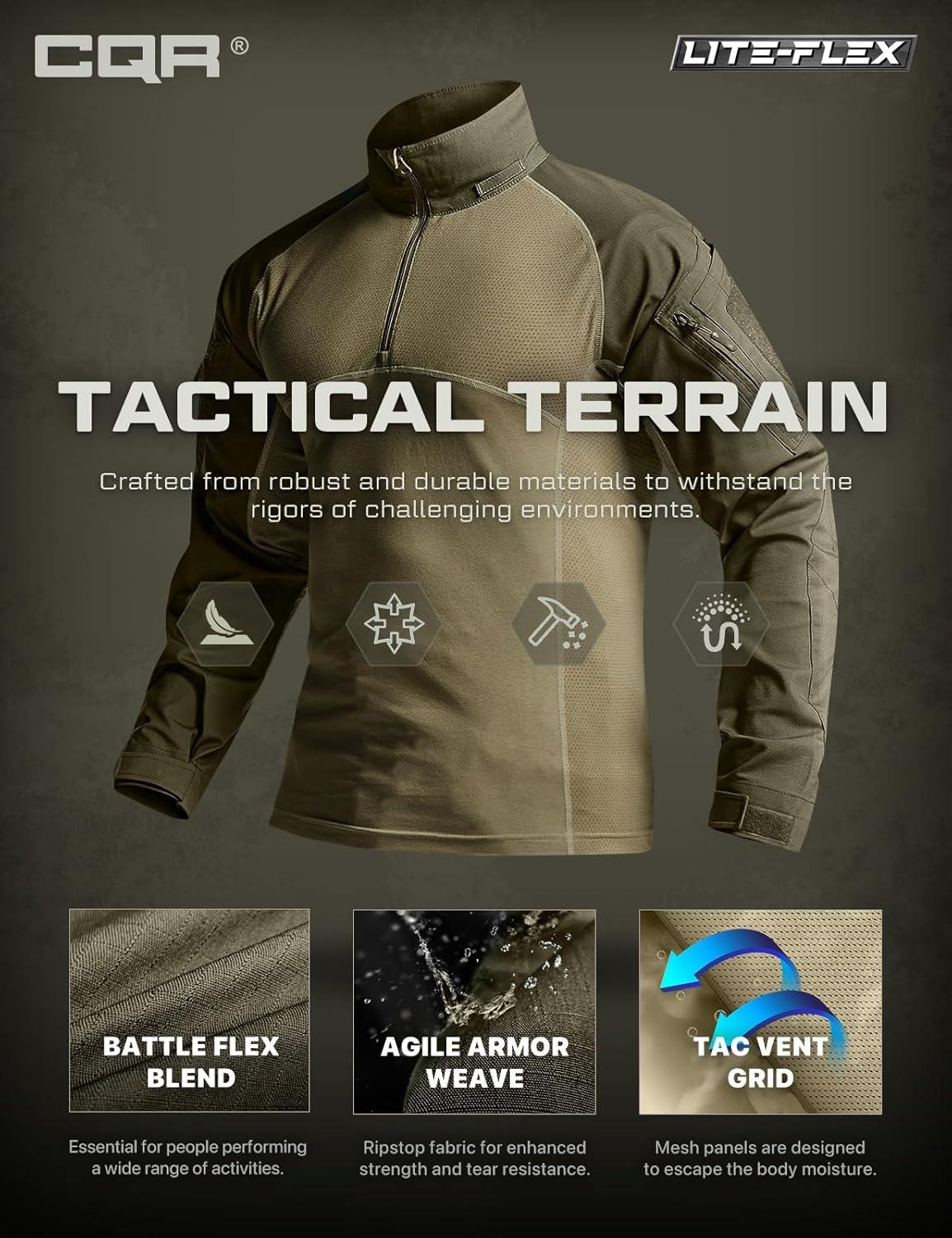 image:imageCQR Mens Combat Shirt Tactical 14 Zip Long Sleeve Military BDU Shirts Camo EDC Top with PocketsRaider Soil Green