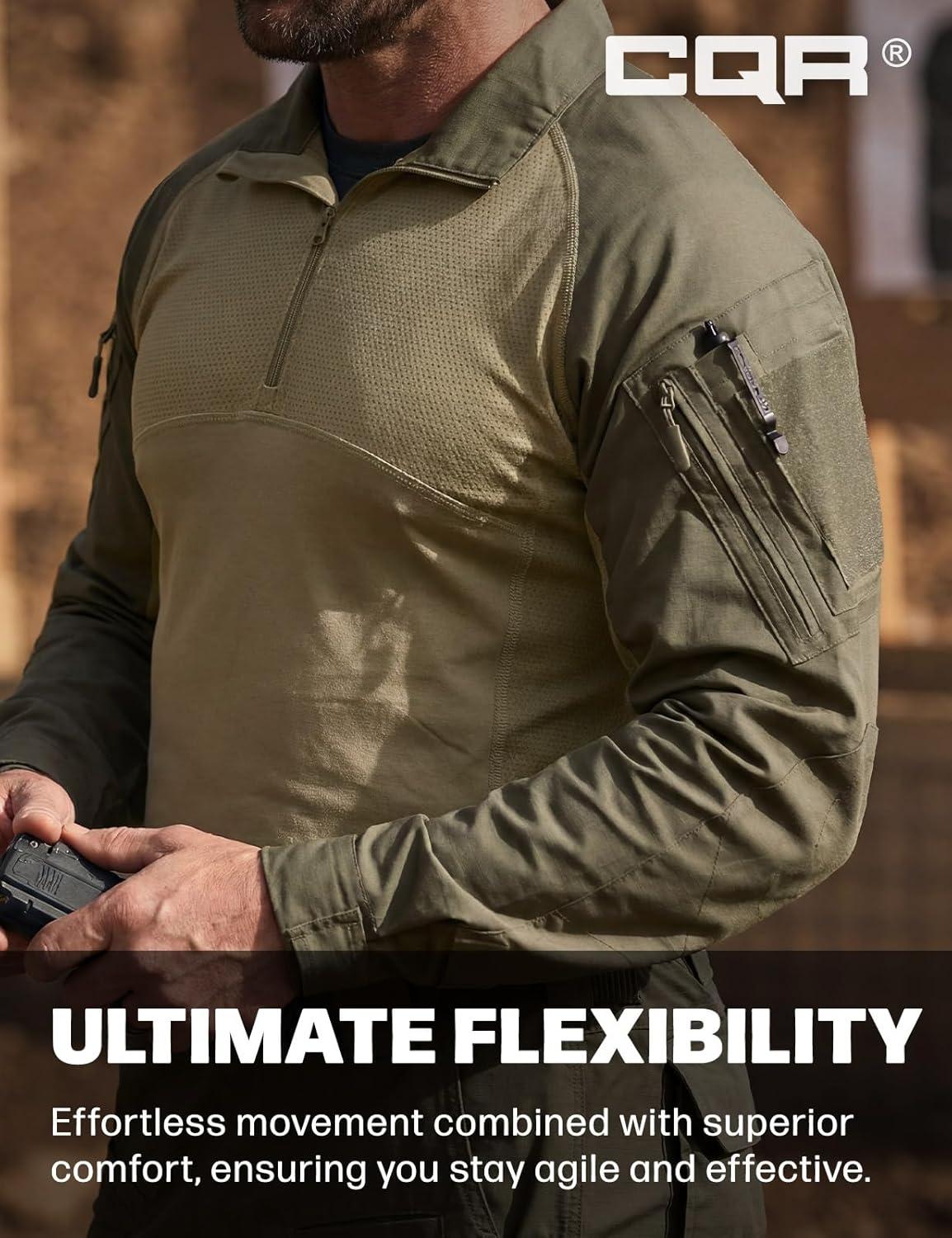 image:imageCQR Mens Combat Shirt Tactical 14 Zip Long Sleeve Military BDU Shirts Camo EDC Top with PocketsRaider Soil Green