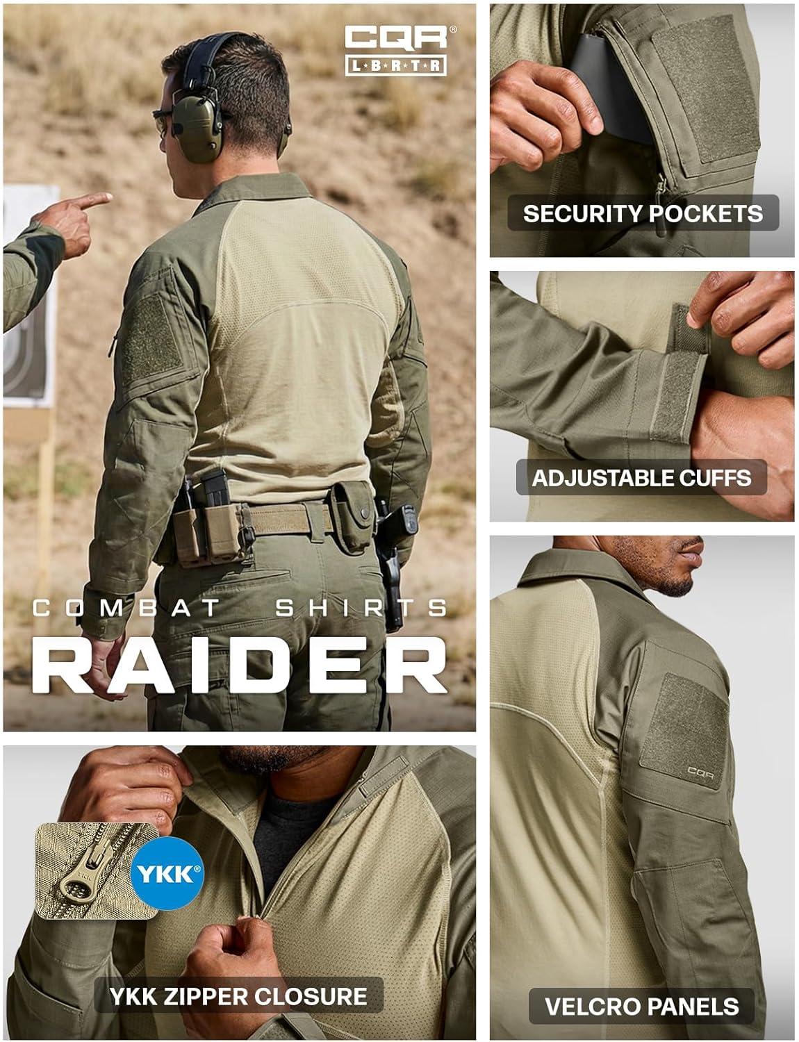 image:imageCQR Mens Combat Shirt Tactical 14 Zip Long Sleeve Military BDU Shirts Camo EDC Top with PocketsRaider Soil Green