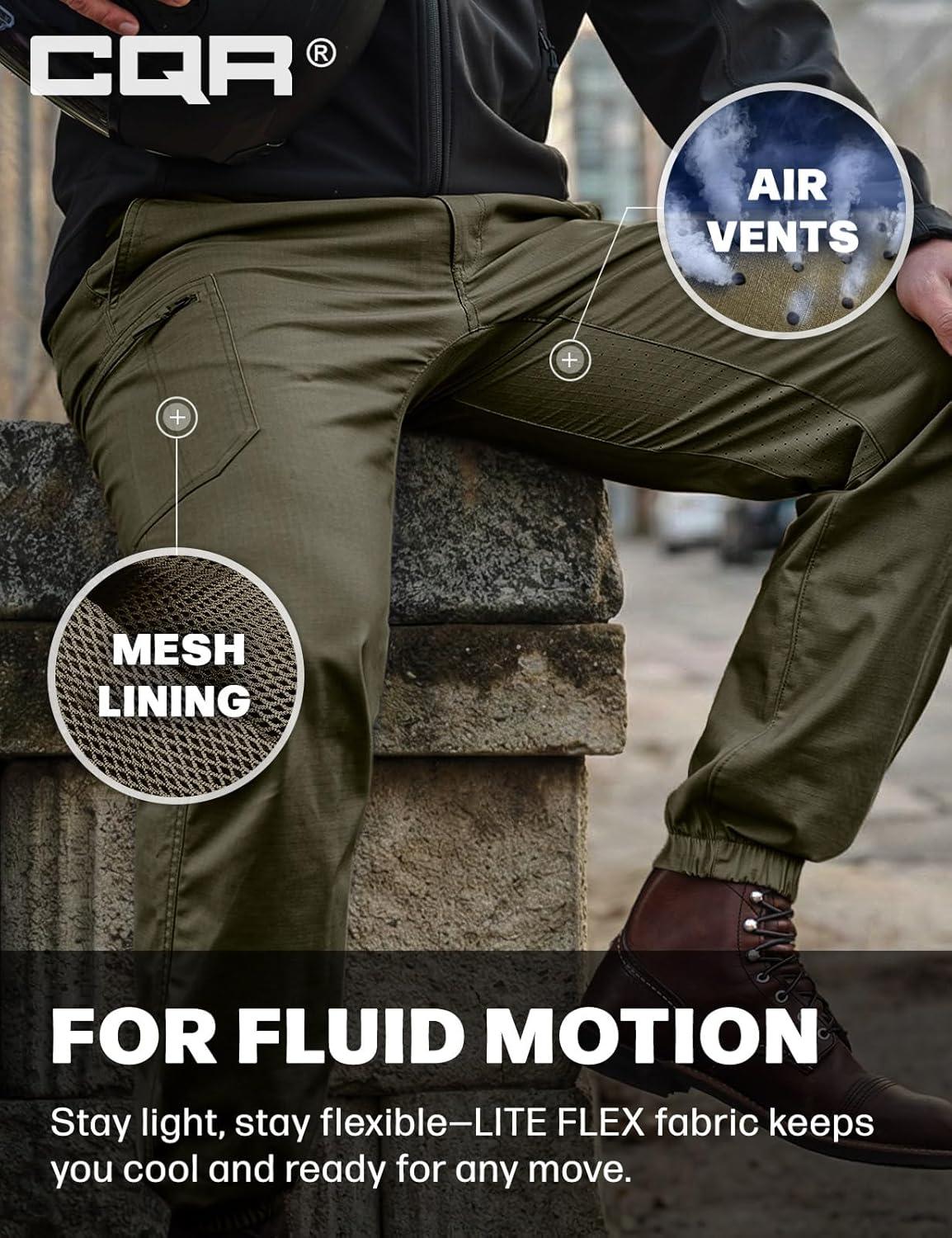 image:imageCQR Mens Flex Lightweight Joggers Elastic Waist Drawstring Casual Pants Tapered Fit Water Resistant Outdoor Cargo PantsAsset Soil Green