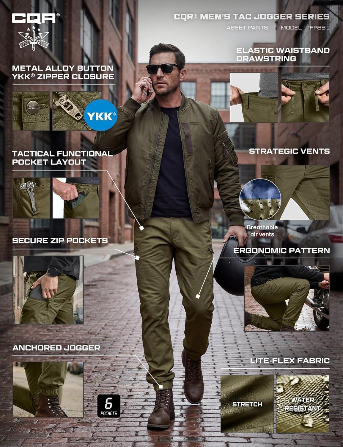 image:imageCQR Mens Flex Lightweight Joggers Elastic Waist Drawstring Casual Pants Tapered Fit Water Resistant Outdoor Cargo PantsAsset Soil Green