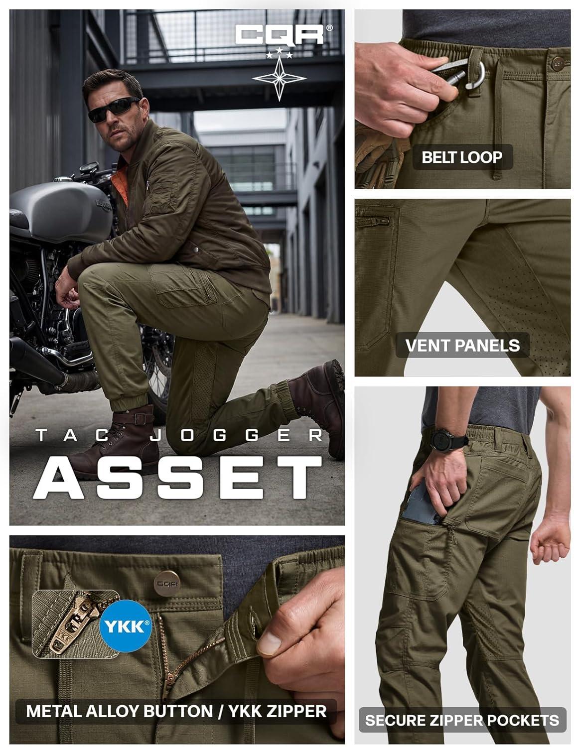 image:imageCQR Mens Flex Lightweight Joggers Elastic Waist Drawstring Casual Pants Tapered Fit Water Resistant Outdoor Cargo PantsAsset Soil Green