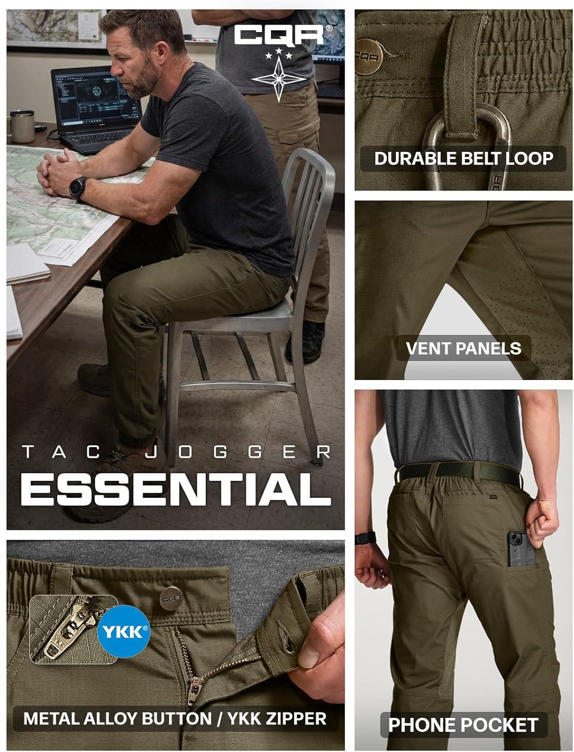 image:imageCQR Mens Flex Lightweight Joggers Elastic Waist Drawstring Casual Pants Tapered Fit Water Resistant Outdoor Cargo PantsEssential Soil Green