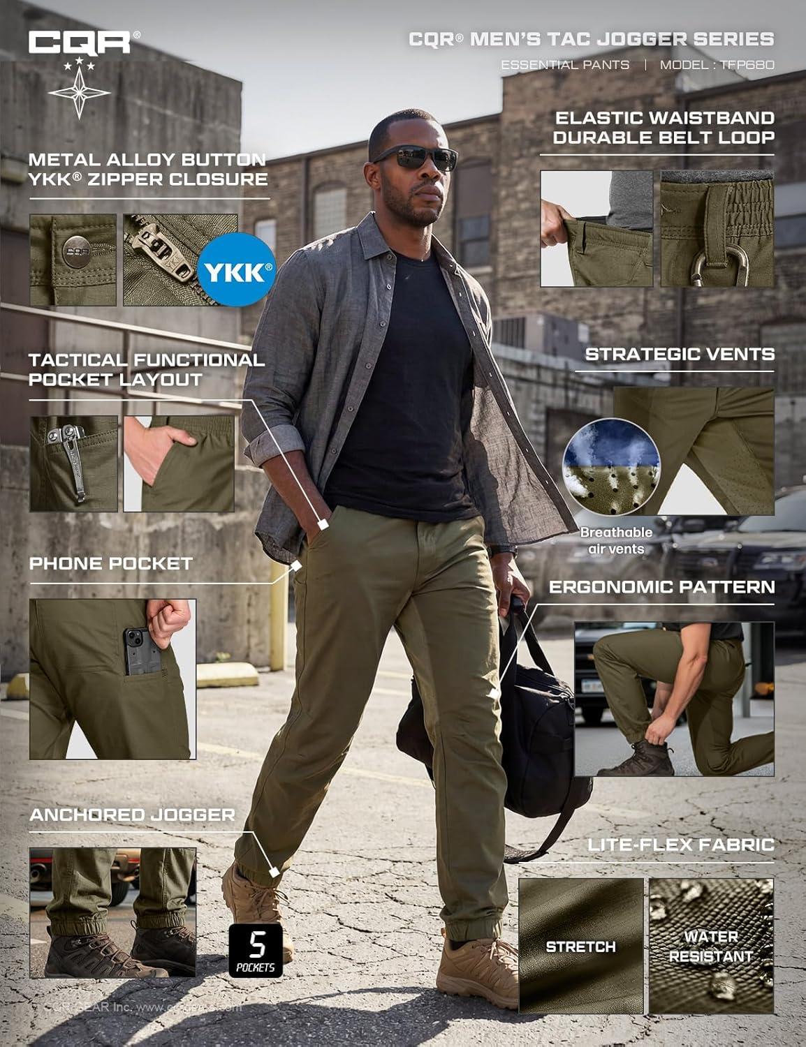 image:imageCQR Mens Flex Lightweight Joggers Elastic Waist Drawstring Casual Pants Tapered Fit Water Resistant Outdoor Cargo PantsEssential Soil Green