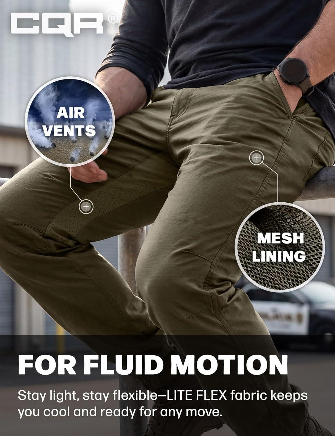 image:imageCQR Mens Flex Lightweight Joggers Elastic Waist Drawstring Casual Pants Tapered Fit Water Resistant Outdoor Cargo PantsEssential Soil Green