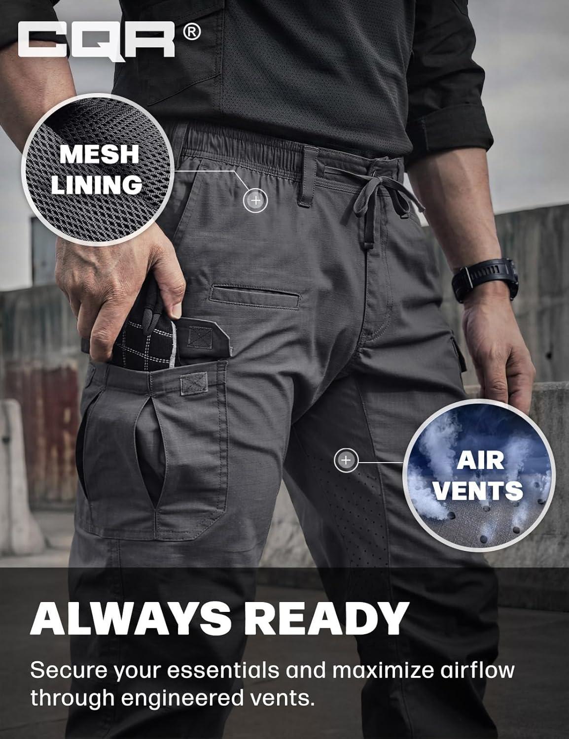 image:imageCQR Mens Flex Lightweight Joggers Elastic Waist Drawstring Casual Pants Tapered Fit Water Resistant Outdoor Cargo PantsSquad Charcoal