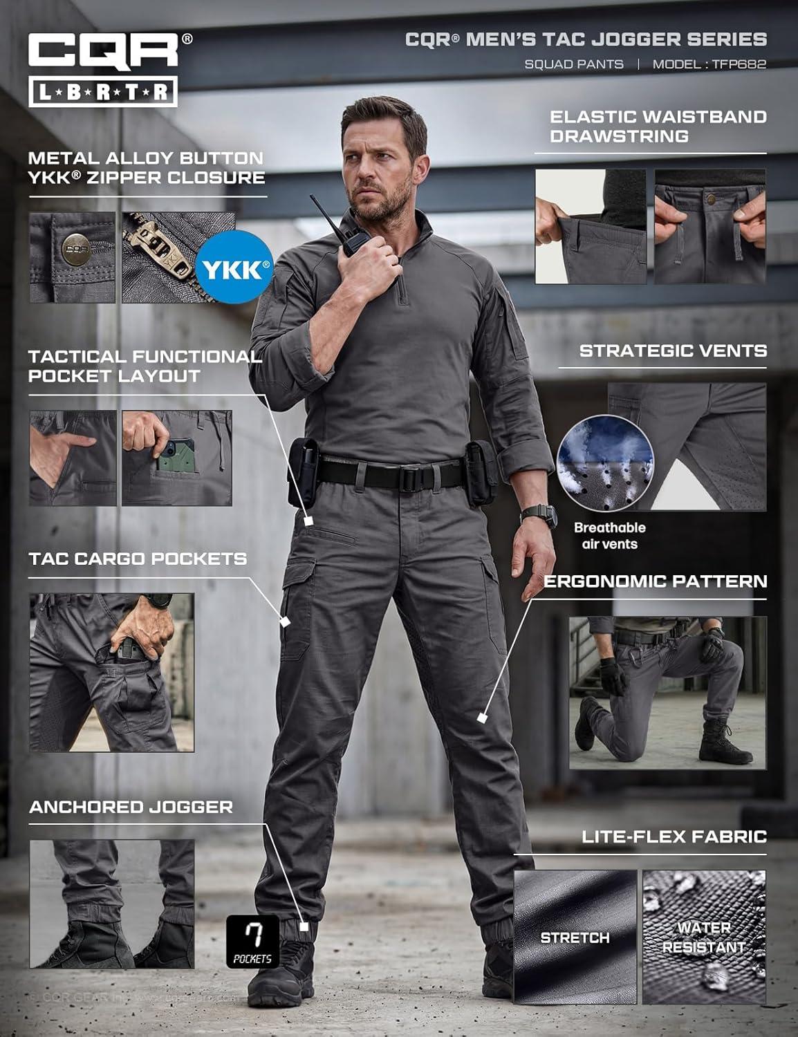 image:imageCQR Mens Flex Lightweight Joggers Elastic Waist Drawstring Casual Pants Tapered Fit Water Resistant Outdoor Cargo PantsSquad Charcoal