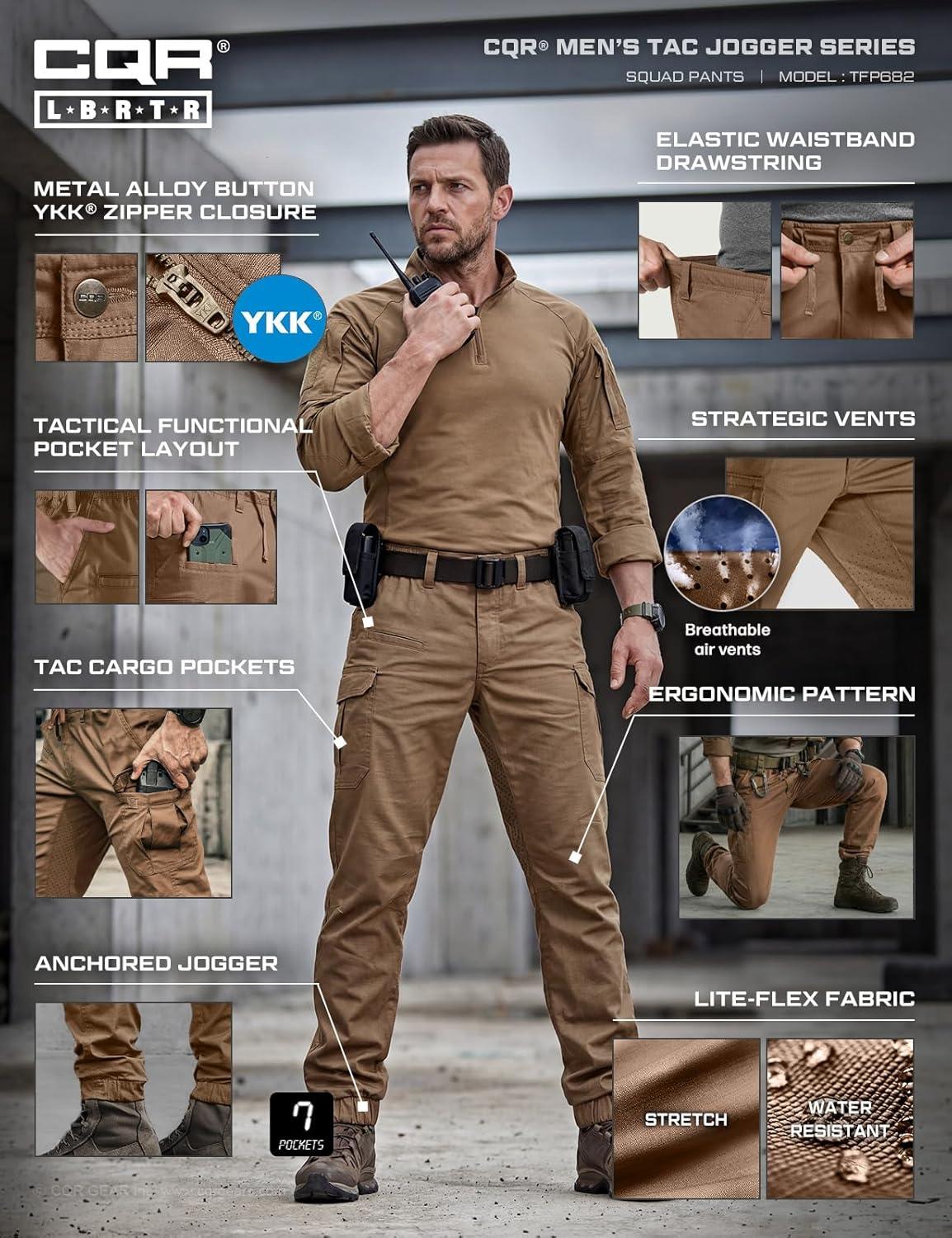 image:imageCQR Mens Flex Lightweight Joggers Elastic Waist Drawstring Casual Pants Tapered Fit Water Resistant Outdoor Cargo PantsSquad Cougar