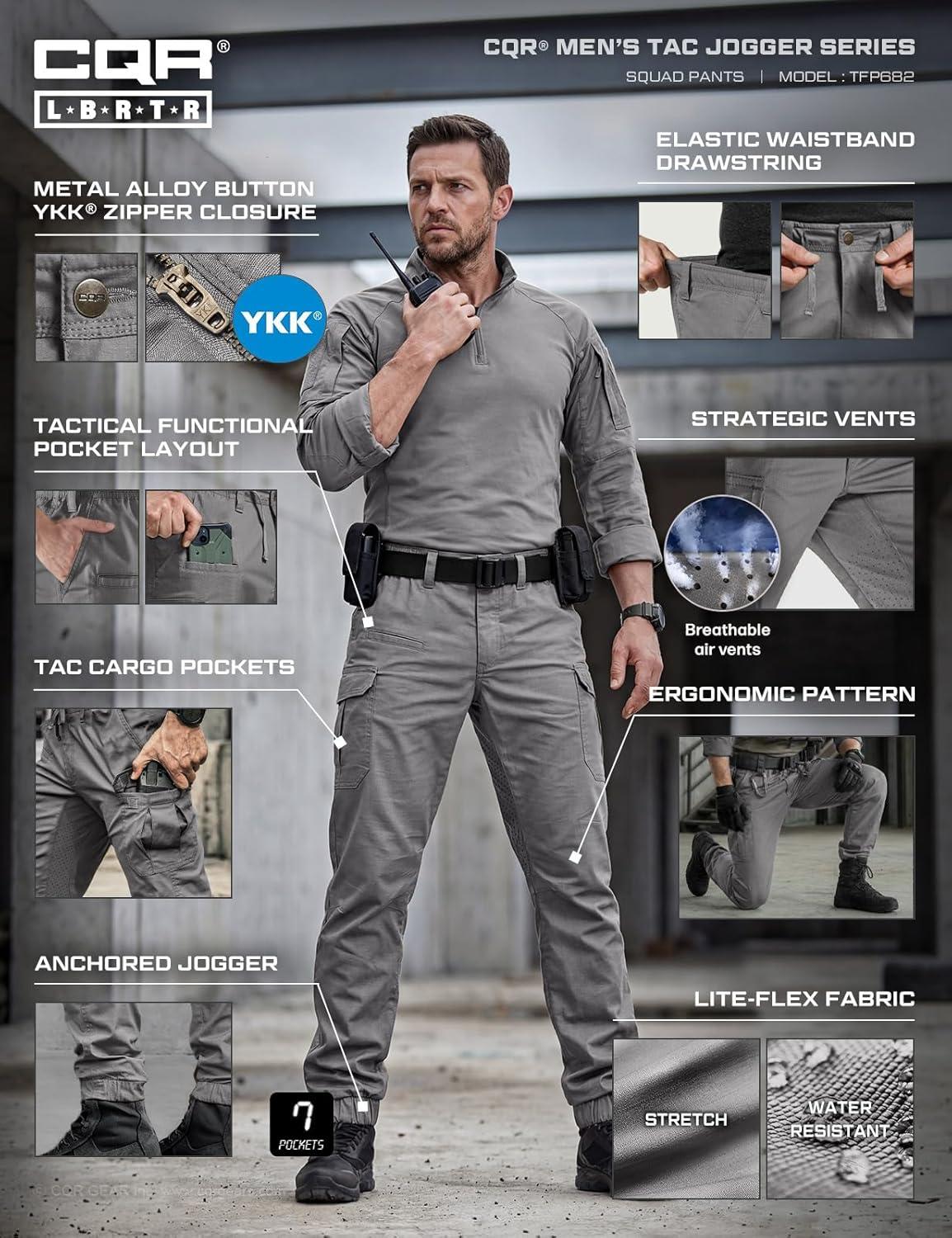 image:imageCQR Mens Flex Lightweight Joggers Elastic Waist Drawstring Casual Pants Tapered Fit Water Resistant Outdoor Cargo PantsSquad Stone