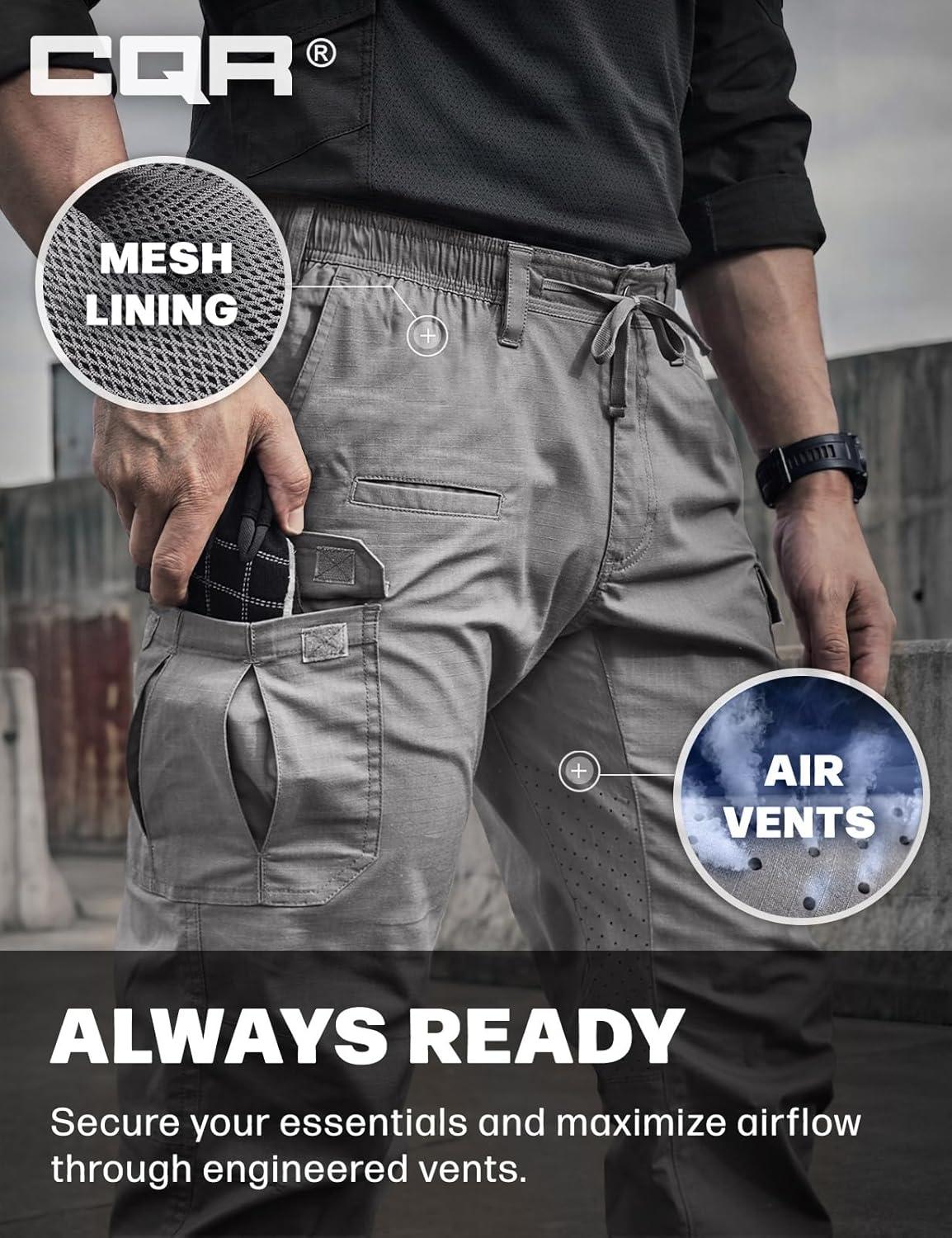 image:imageCQR Mens Flex Lightweight Joggers Elastic Waist Drawstring Casual Pants Tapered Fit Water Resistant Outdoor Cargo PantsSquad Stone