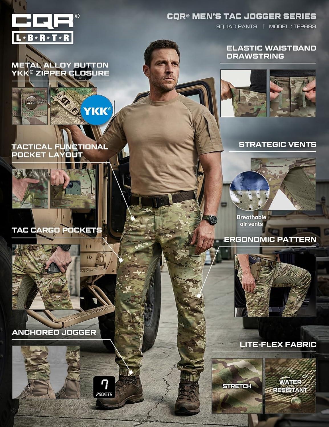 image:imageCQR Mens Flex Lightweight Joggers Elastic Waist Drawstring Casual Pants Tapered Fit Water Resistant Outdoor Cargo PantsSquad Utility Camo