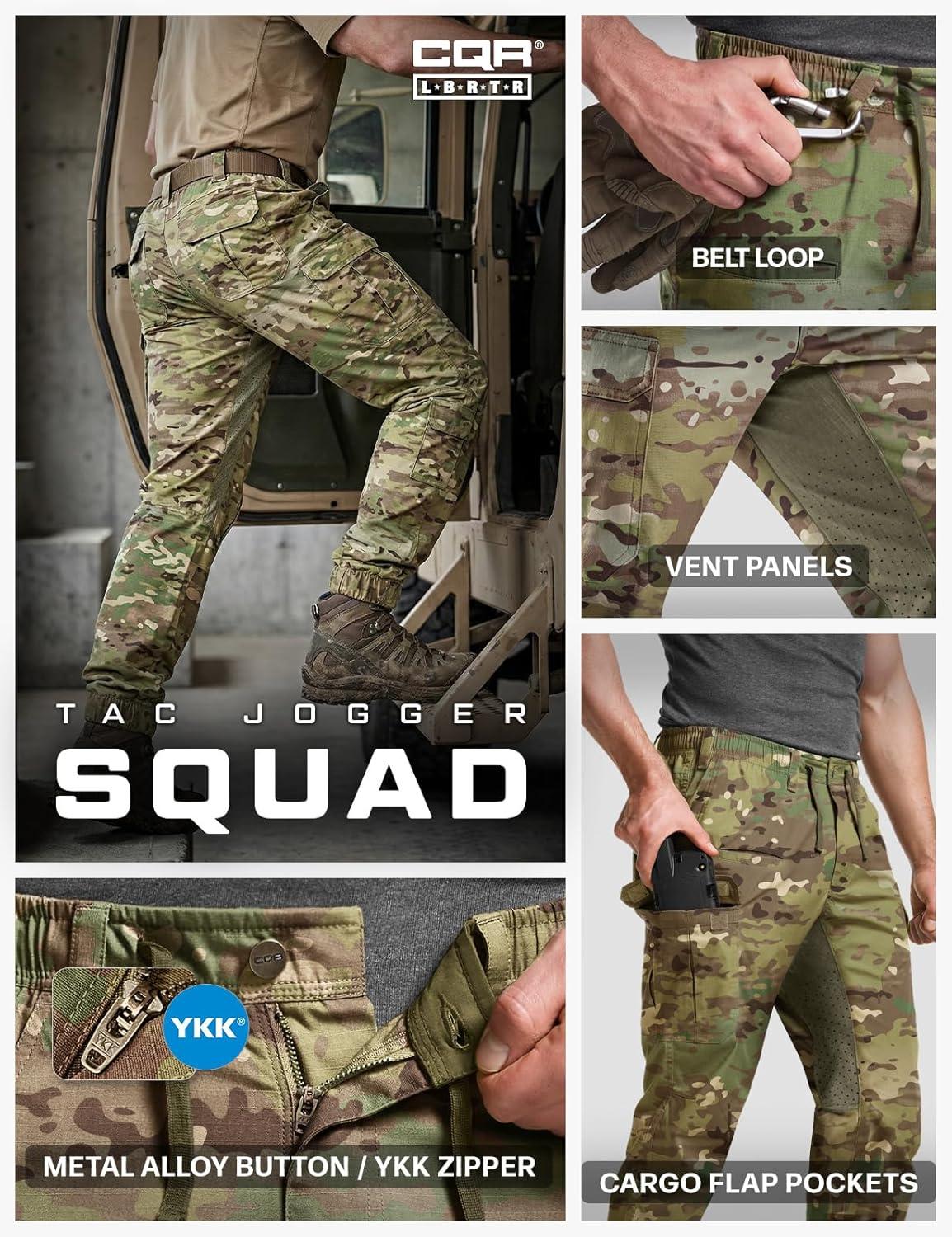 image:imageCQR Mens Flex Lightweight Joggers Elastic Waist Drawstring Casual Pants Tapered Fit Water Resistant Outdoor Cargo PantsSquad Utility Camo