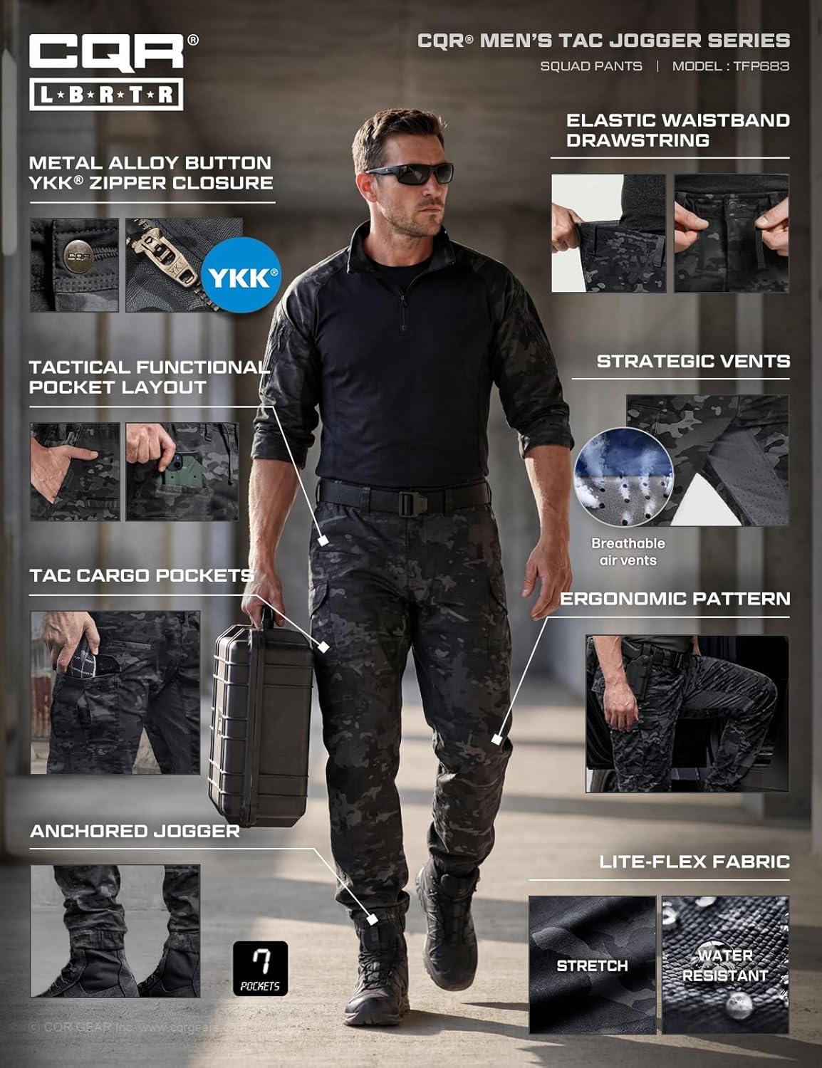 image:imageCQR Mens Flex Lightweight Joggers Elastic Waist Drawstring Casual Pants Tapered Fit Water Resistant Outdoor Cargo PantsSquad Utility Camo Black