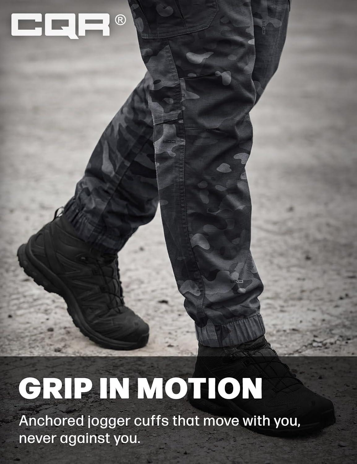 image:imageCQR Mens Flex Lightweight Joggers Elastic Waist Drawstring Casual Pants Tapered Fit Water Resistant Outdoor Cargo PantsSquad Utility Camo Black