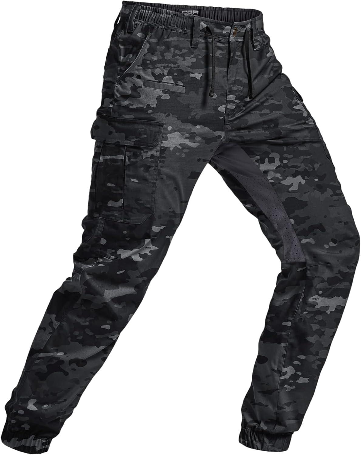 image:imageCQR Mens Flex Lightweight Joggers Elastic Waist Drawstring Casual Pants Tapered Fit Water Resistant Outdoor Cargo PantsSquad Utility Camo Black