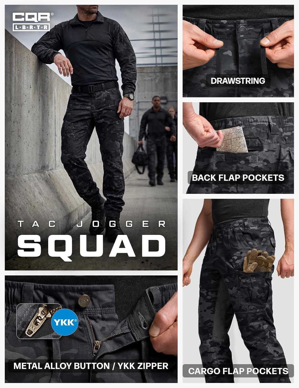 image:imageCQR Mens Flex Lightweight Joggers Elastic Waist Drawstring Casual Pants Tapered Fit Water Resistant Outdoor Cargo PantsSquad Utility Camo Black
