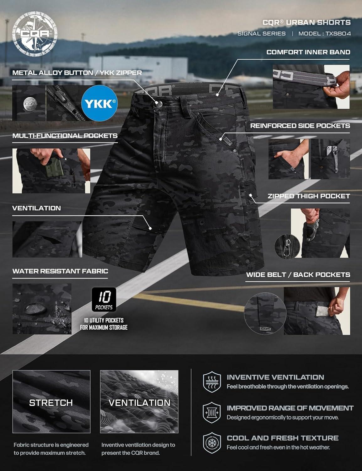 image:imageCQR Mens Stretch Utility Shorts Lightweight Quick Dry Casual Shorts Hiking Golf Cargo Shorts with Zipper PocketsSedona Camo Utility Camo Black