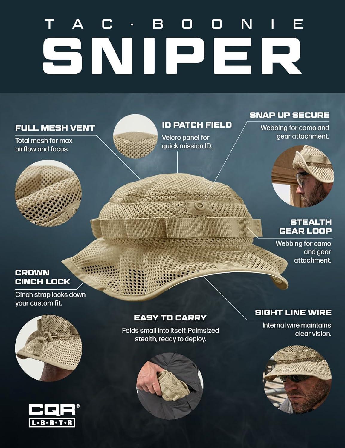 image:imageCQR Mens Tactical Boonie Hat Breathable Packable Sun Hat for Hunting Hiking Fishing Shooting and Outdoor ActivitiesSniper Alamo Khaki