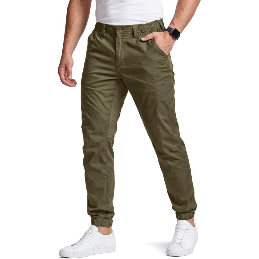 image:imageCQR Mens Flex Lightweight Joggers Elastic Waist Drawstring Casual Pants Tapered Fit Water Resistant Outdoor Cargo PantsEssential Soil Green