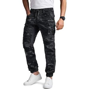 CQR Men’s Flex Lightweight Joggers, Elastic Waist Drawstring Casual Pants, Tapered Fit Water Resistant Outdoor Cargo Pants(Squad Utility Camo Black)