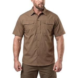 CQR Men’s Short Sleeve Tactical Shirts, UPF 50+ Ripstop Military Work Shirts, Breathable Button Down Outdoor Hiking Shirt(Journeyman Cougar)