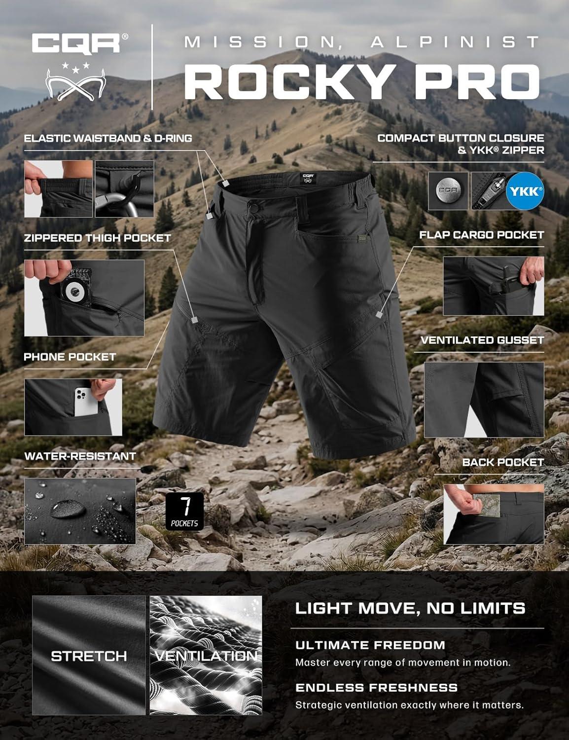 image:imageCQR Mens Quick Dry Stretch Hiking Cargo Shorts Lightweight Water Resistant Tactical Casual Golf amp Outdoor with PocketsRocky Aero Flex Black