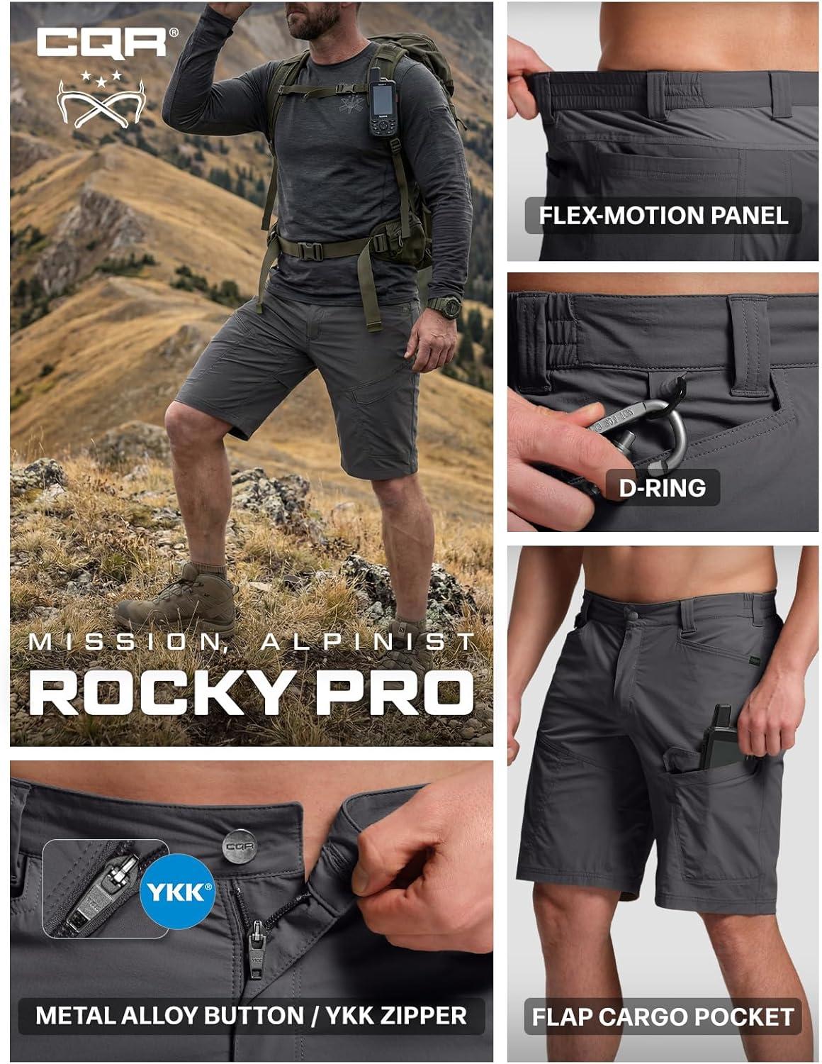 image:imageCQR Mens Quick Dry Stretch Hiking Cargo Shorts Lightweight Water Resistant Tactical Casual Golf amp Outdoor with PocketsRocky Aero Flex Jet Grey