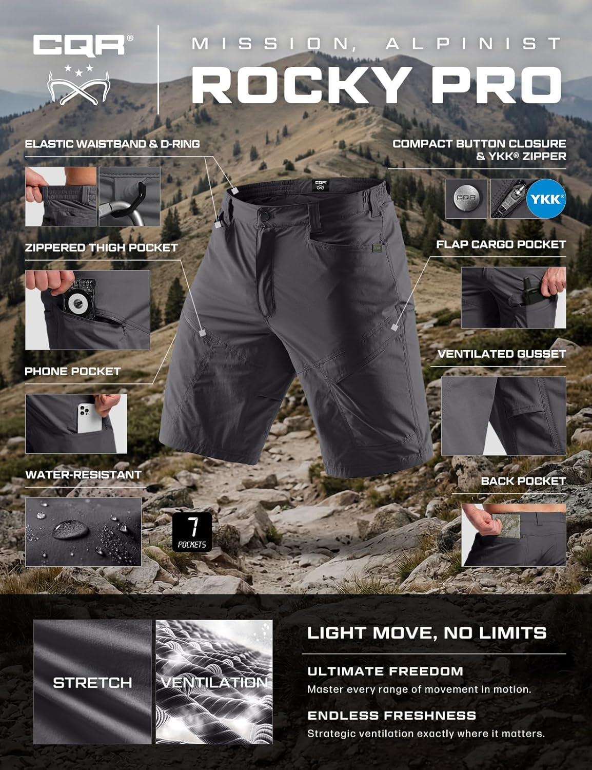 image:imageCQR Mens Quick Dry Stretch Hiking Cargo Shorts Lightweight Water Resistant Tactical Casual Golf amp Outdoor with PocketsRocky Aero Flex Jet Grey